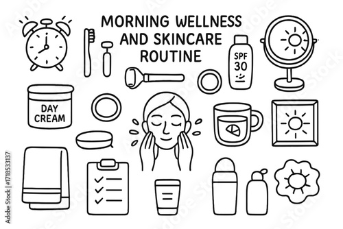 Morning Skincare Essentials. Hand-drawn doodle illustration [Morning wellness and skincare routine] [alarm clock, toothbrush, toothpaste, cold