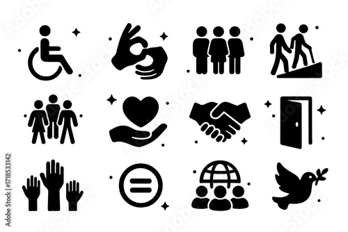 Inclusivity Icon Set. Inclusion. Solid icons set of wheelchair symbol, sign language hand, diverse people, accessible ramp, inclusive circle, support heart,