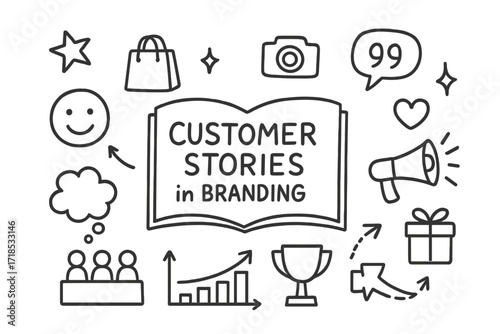 Brand Story Doodles. Hand-drawn doodle illustration Customer stories in branding open book, smiley customer, shopping bag, star, quote bubble,