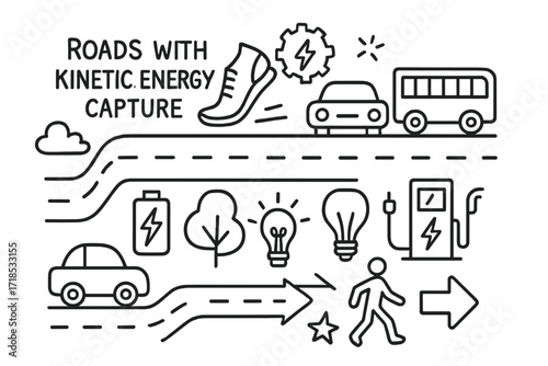 Energy-Capturing Roadways. Hand-drawn doodle illustration Roads with kinetic energy capture [road, running shoe, car, bus, truck, gear, energy bolt, battery,