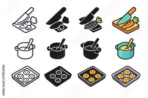Cooking Icon Set. Icon Set of Cooking chores: chopping vegetables, stirring pot, baking cookies. Icons set in vector style, emblematic variations. Chopping