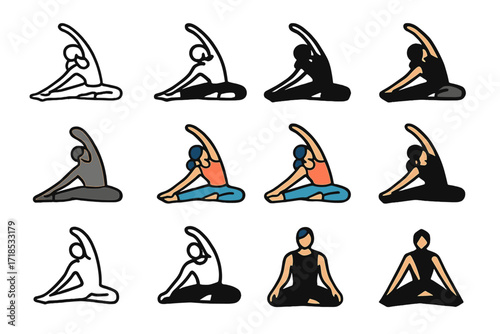 Athlete Yoga Logo Grid. Set Logo of Athletes Warming Up: Yoga-inspired athlete stretches. Logo set in vector style, emblematic variations. line, bold thick