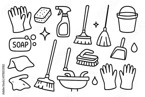 Cleaning Tools Doodle. Hand-drawn doodle illustration Rubber gloves cleaning sponge, spray bottle, bucket, soap bar, bubbles, mop, broom, dustpan, cloth, star