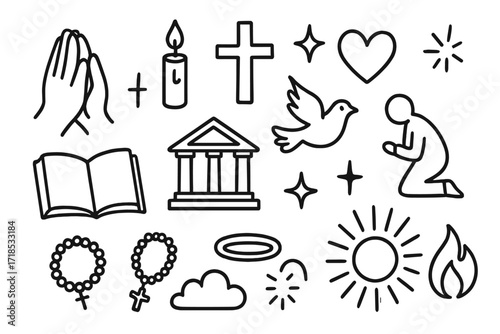 Faith Symbols Doodles. Hand-drawn doodle illustration Faithful worshippers praying hands, candle, cross, heart, star, spark, book, dove, temple, person