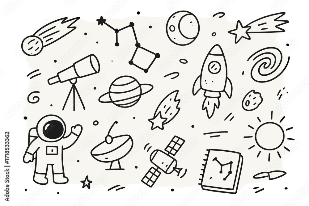 Obraz premium Space Doodle Icons. Hand-drawn doodle illustration Comet and constellations comet, constellation lines, star chart, moon, planet, shooting star, galaxy swirl,