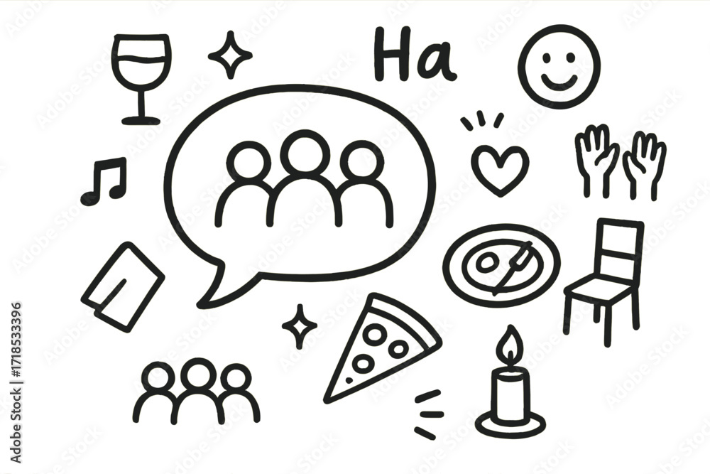 Fototapeta premium Cheerful Dinner Icons. Hand-drawn doodle illustration Friendly dinner conversation bubble icon, laughter, wine glass, sparkle, napkin, pizza, plate, table,