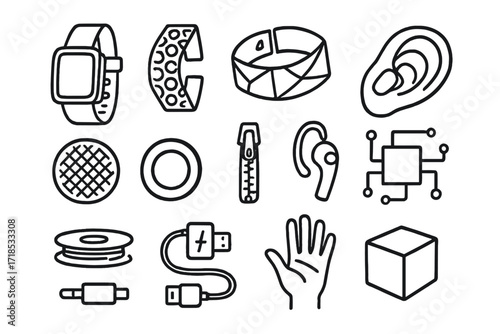 Techwear Accessories Doodle. Hand-drawn doodle illustration Techwear accessories [smartwatch, 3D printed strap, bracelet, geometric design, earpiece, wearable