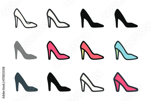 Black Glamour Logos. Set Logo of Black Glamour: Black high heel shoe. Logo set in vector style, emblematic variations. line, bold thick line, solid black