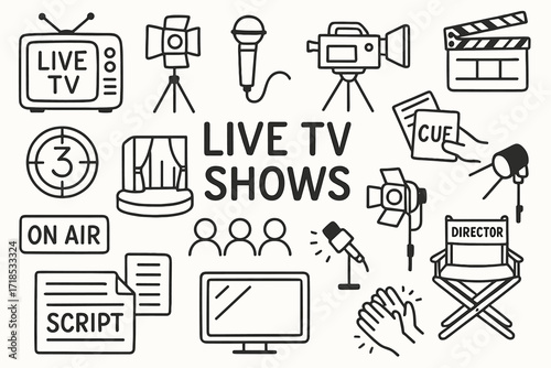 Live TV Doodle Icons. Hand-drawn doodle illustration Live TV shows [television, studio lights, host mic, camera, clapperboard, countdown timer, stage, cue