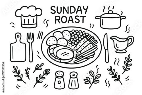 Sunday Roast Icons. Hand-drawn doodle illustration Sunday roast roast beef, roasted potatoes, carrots, peas, plate, fork, knife, gravy boat, herbs, salt