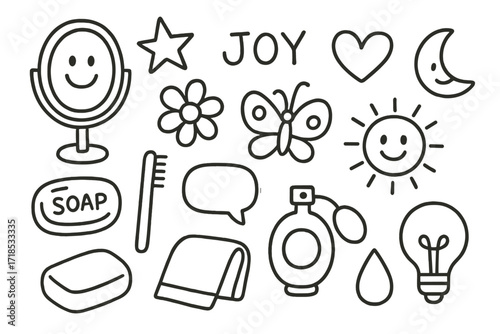 Joyful Mirror Doodles. Hand-drawn doodle illustration mirror joy mirror, smiling face, star, heart, flower, butterfly, sun, moon, soap bar, toothbrush, towel,