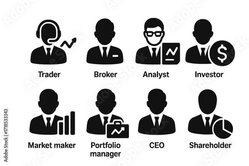 Stock Market Icons. Solid, filled icon set of stock market participants: trader, broker, analyst, investor, market maker, portfolio manager, CEO, shareholder.