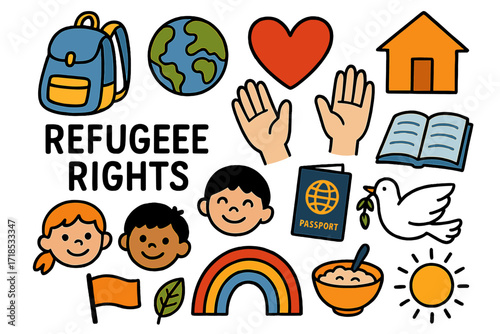 Empathy Doodles. Colorful Hand-drawn doodle Children illustration Refugee rights backpack, globe, heart, shelter icon, open hands, smiling faces, book,