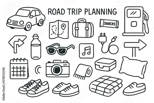 Road Trip Essentials. Hand-drawn doodle illustration Road trip planning [car, map, suitcase, snacks, water bottle, gas pump, phone charger, sunglasses, road