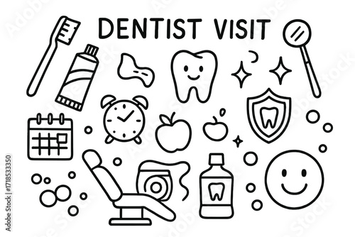 Dental Doodle Icons. Hand-drawn doodle illustration Dentist Visit [toothbrush, toothpaste, tooth, dental mirror, chair, floss, mouthwash, smiling face, star,
