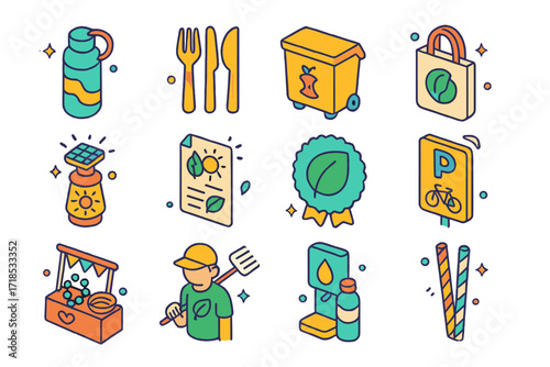 Eco Festival Icons. Colorful isometric vector icons set of eco-friendly summer festivals: reusable water bottle, bamboo cutlery, compost bin, recycled tote