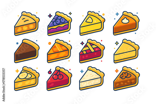 Mini Pie Slices Grid. Colorful isometric vector icons set of Mini Pie Slices: mini apple pie slice, mini berry pie slice, mini lemon pie slice, mini pumpkin