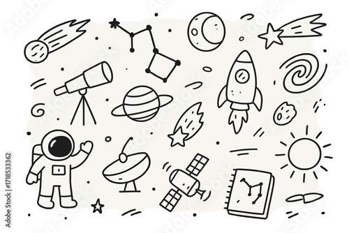 Space Doodle Icons. Hand-drawn doodle illustration Comet and constellations comet, constellation lines, star chart, moon, planet, shooting star, galaxy swirl,