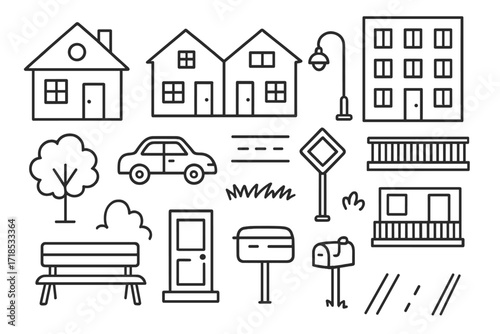 Urban Growth Doodle. Hand-drawn doodle illustration Residential urban growth house, duplex, condo, apartment, tree, street, sidewalk, car, lamppost, road sign,