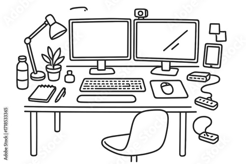 Dual Monitor Desk Setup. Hand-drawn doodle illustration Dual monitor desk setup [two monitors, keyboard, mouse, desk lamp, water bottle, webcam, plant, USB