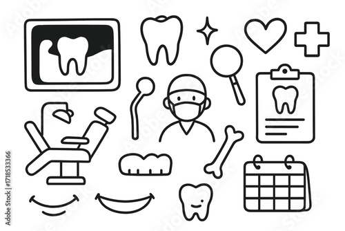 Dental X-Ray Doodle. Hand-drawn doodle illustration Dental x-ray film [tooth, jaw, molar, dental chair, dentist figure, x-ray sheet, clipboard, magnifying