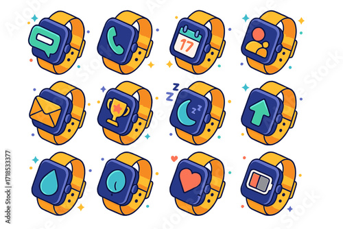 Smartwatch Notification Icons. Colorful isometric vector icons set of smartwatch notifications and alerts: message preview, incoming call, calendar reminder,