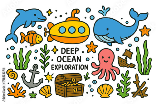 Underwater Adventure Doodles. Colorful Hand-drawn doodle Children illustration Deep Ocean Exploration [submarine, fish, dolphin, whale, octopus, starfish,