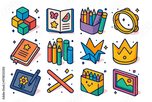 Creative Sibling Icons. Colorful isometric vector icons set of creative sibling time: building blocks, sticker book, musical tambourine, story journal, pencil