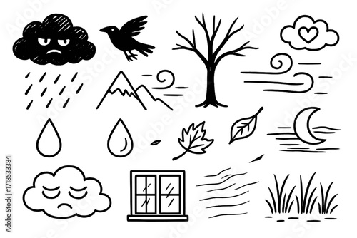 Moody Sky Doodle. Hand-drawn doodle illustration Moody sky and atmosphere [dark cloud, flying crow, bare tree, blowing wind, shadow line, mountain edge, slow