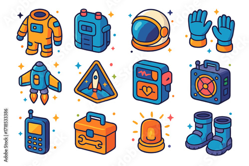 Space Gear Icons. Colorful isometric vector icons set of Space travel gear: space suit, oxygen pack, helmet, gloves, jetpack, mission badge, life support