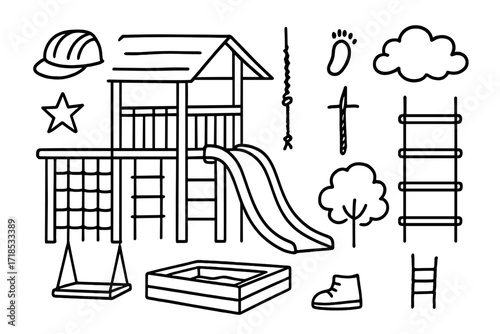 Backyard Climbing Doodle. Hand-drawn doodle illustration Backyard climbing frame wooden ladder, beam, net, slide, climbing rope, platform, sandbox, helmet,