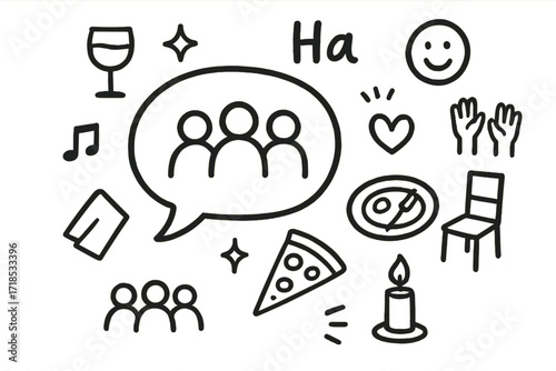 Cheerful Dinner Icons. Hand-drawn doodle illustration Friendly dinner conversation bubble icon, laughter, wine glass, sparkle, napkin, pizza, plate, table,