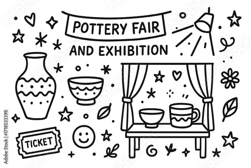 Pottery Fair Doodles. Hand-drawn doodle illustration Pottery fair and exhibition [vase, bowl, mug, display table, curtain, spotlight, star, heart, decorative
