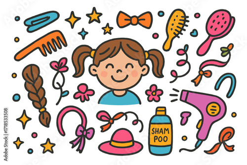 Playful Hair Styling. Colorful Hand-drawn doodle Children illustration Hair styling fun comb, brush, clip, braid, pigtails, bow, sparkle, shampoo, spray
