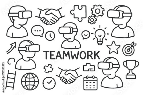 Virtual Teamwork Icons. Hand-drawn doodle illustration teamwork in VR meetings group of avatars, VR headset, handshake, puzzle piece, gears, light bulb, star,