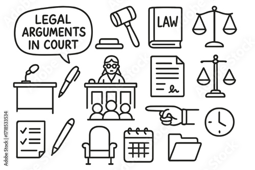 Courtroom Doodle Icons. Hand-drawn doodle illustration Legal arguments in court speech bubble, gavel, law book, document, courtroom scene, balance scale, desk,