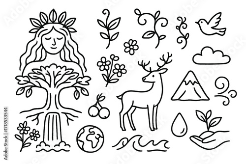 Nature Goddess Doodle. Hand-drawn doodle illustration Nature goddess tree, leaf crown, waterfall, vines, flowers, deer, mountain, bird, sunburst, cloud, wind