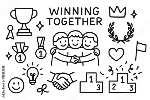 Team Victory Icons. Hand-drawn doodle illustration Winning Together [group hug, trophy, medal, star, sparkle, ribbon, laurel wreath, crown, handshake, heart,