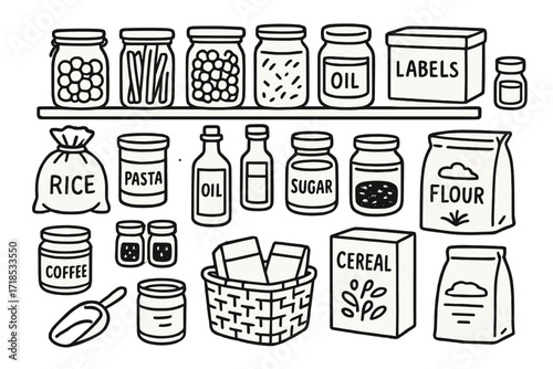 Pantry Organization Doodles. Hand-drawn doodle illustration Organizing a pantry jars, cans, labeled boxes, baskets, rice bag, pasta box, spice jars, oil