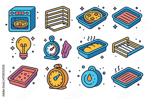 Bakery Oven Tools Icons. Colorful isometric vector icons set of Bakery Oven Tools: convection oven, oven rack, baking tray with pizza, silicone tray grips,