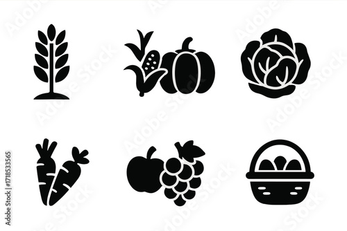 Peasant Crop Icon Set. Solid, filled icon set of peasant crops and produce: wheat sheaf, corn stalk, pumpkin, cabbage, carrots, apples, grapes, basket of eggs.