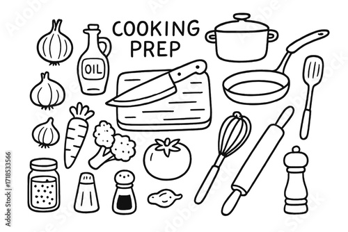 Cooking Prep Doodle. Hand-drawn doodle illustration Cooking prep time chopping board, knife, onion, garlic, carrot, broccoli, tomato, olive oil bottle, pot,