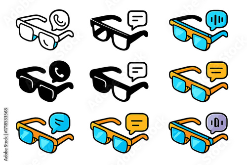 Smart Glasses Icon Set. Icon Set of Smart glasses communication: call notification, message popup, voice assistant bubble. Icons set in vector style,