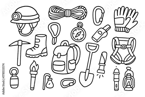 Speleology Gear Doodles. Speleology tools. Hand-drawn doodle illustration speleology tools helmet, headlamp, rope, carabiner, gloves, boots, compass, whistle,
