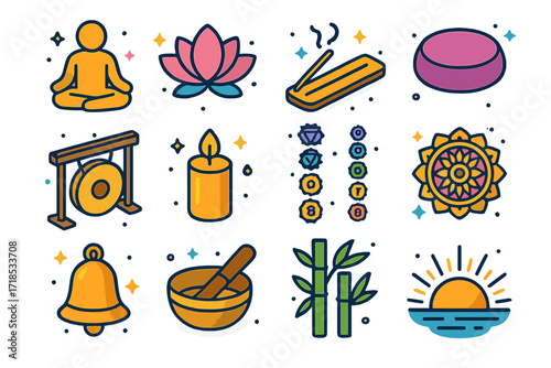 Colorful Meditation Icons. Meditation. Colorful isometric vector icons set of meditation: seated figure, lotus flower, incense stick, meditation cushion, gong,