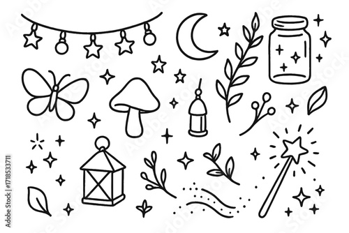 Fairy Garden Doodles. Hand-drawn doodle illustration Fairy Garden Lighting fairy lights, stars, crescent moon, glass jar, vine, tiny lamp, butterfly, mushroom,