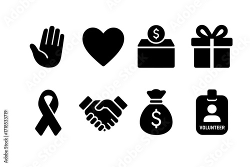 Charity Icons Grid. Solid, filled icon set of charity offers: helping hand, heart, donation box, gift box, ribbon, handshake, money bag, volunteer badge.
