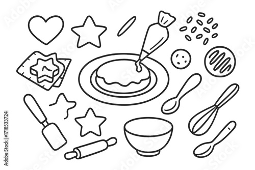 Cookie Decorating Doodles. Hand-drawn doodle illustration Cookie decorating [cookie with icing, piping bag, sprinkles, chocolate drizzle, star cookie, heart