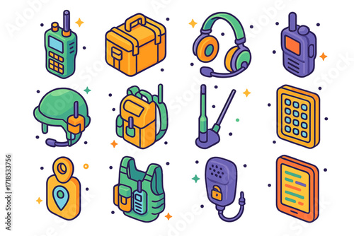 Colorful Military Radio Icons. Colorful isometric vector icons set of military radio gear: tactical radio, rugged case, encrypted headset, push-to-talk device,
