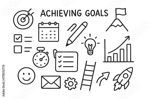 Goal Achievement Icons. Hand-drawn doodle illustration [Achieving goals] target, arrow, calendar, clipboard, pen, rising graph, light bulb, flag on peak, gear,